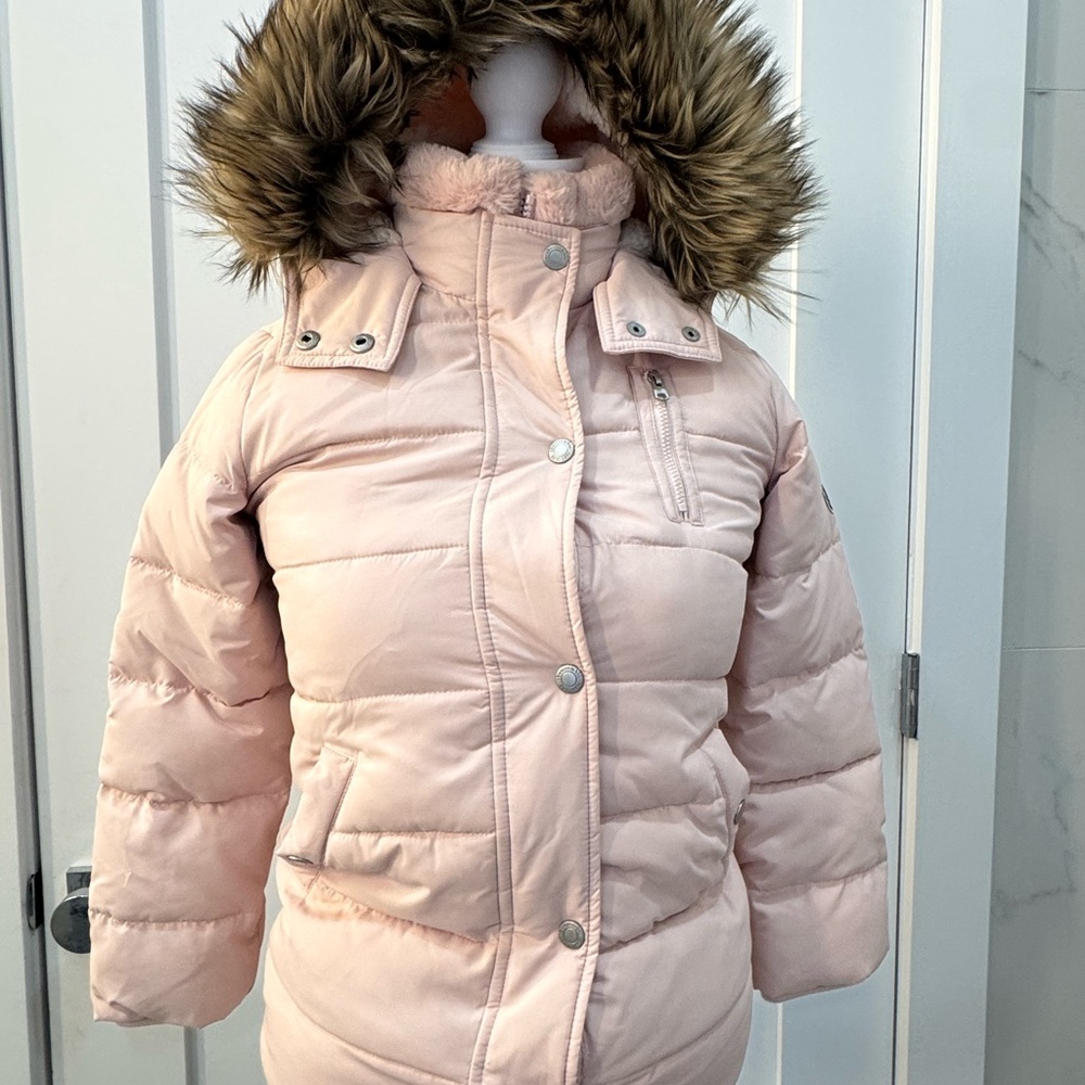 Abercrombie Kids Pink Puffer Jacket with Quilted Design and Faux Fur Hood